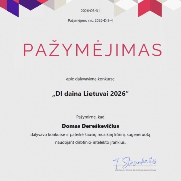 Mūsų mokyklos mokiniai Domas ir Jokūbas dalyvavo respublikiniame konkurse „DI daina Lietuvai 2026“, kuriame kūrė muziką pasitelkdami dirbtinio intelekto įrankius