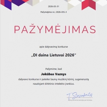 Mūsų mokyklos mokiniai Domas ir Jokūbas dalyvavo respublikiniame konkurse „DI daina Lietuvai 2026“, kuriame kūrė muziką pasitelkdami dirbtinio intelekto įrankius